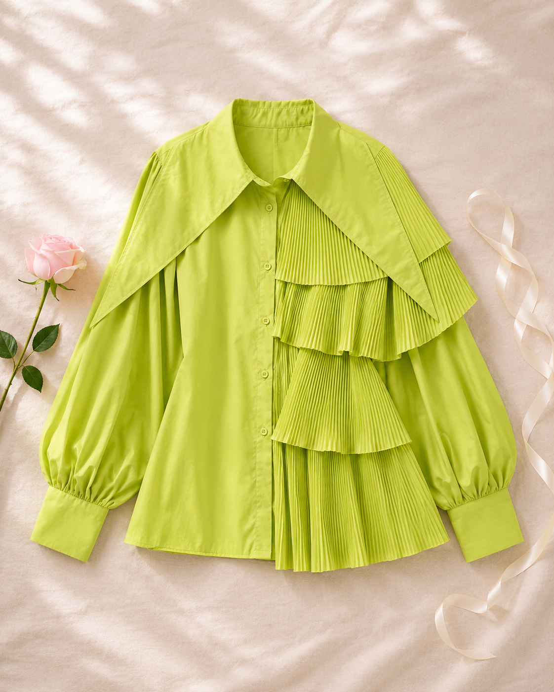 Fried Street Puff Sleeve Pleated Ruffle Blouse - Lemon flat lay