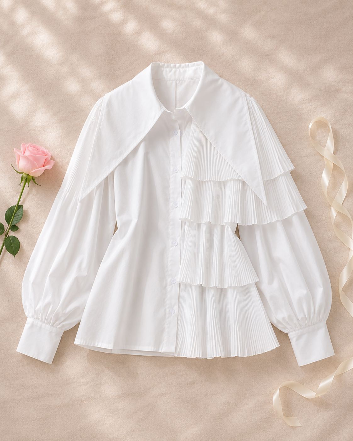 Fried Street Puff Sleeve Pleated Ruffle Blouse - White flat lay