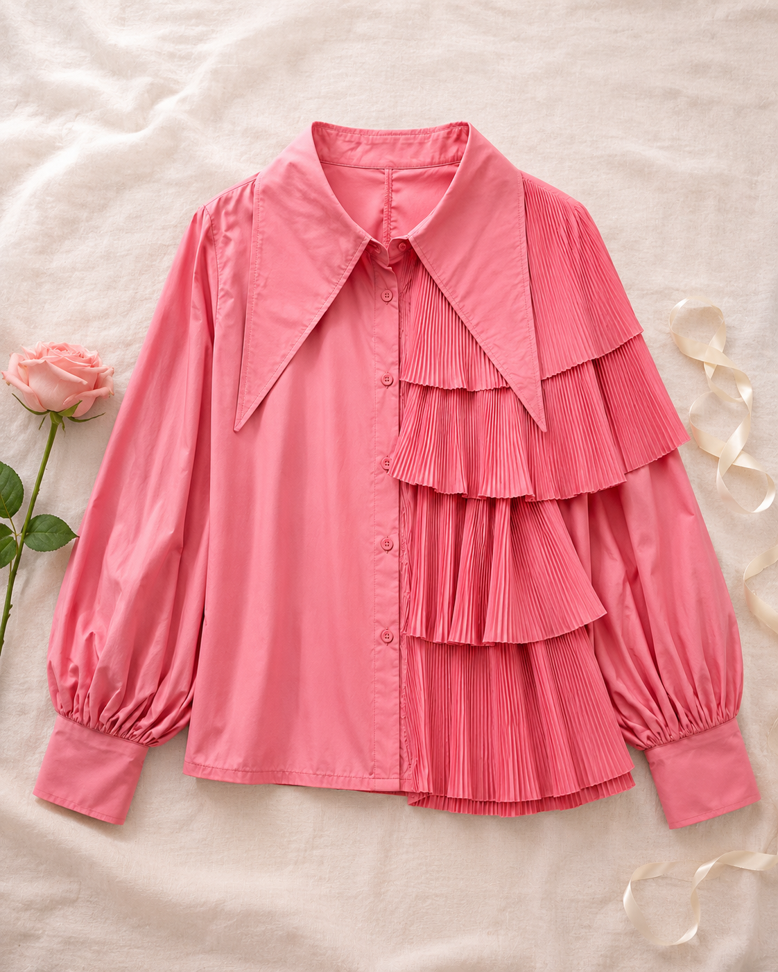 Fried Street Puff Sleeve Pleated Ruffle Blouse - Pink flat lay