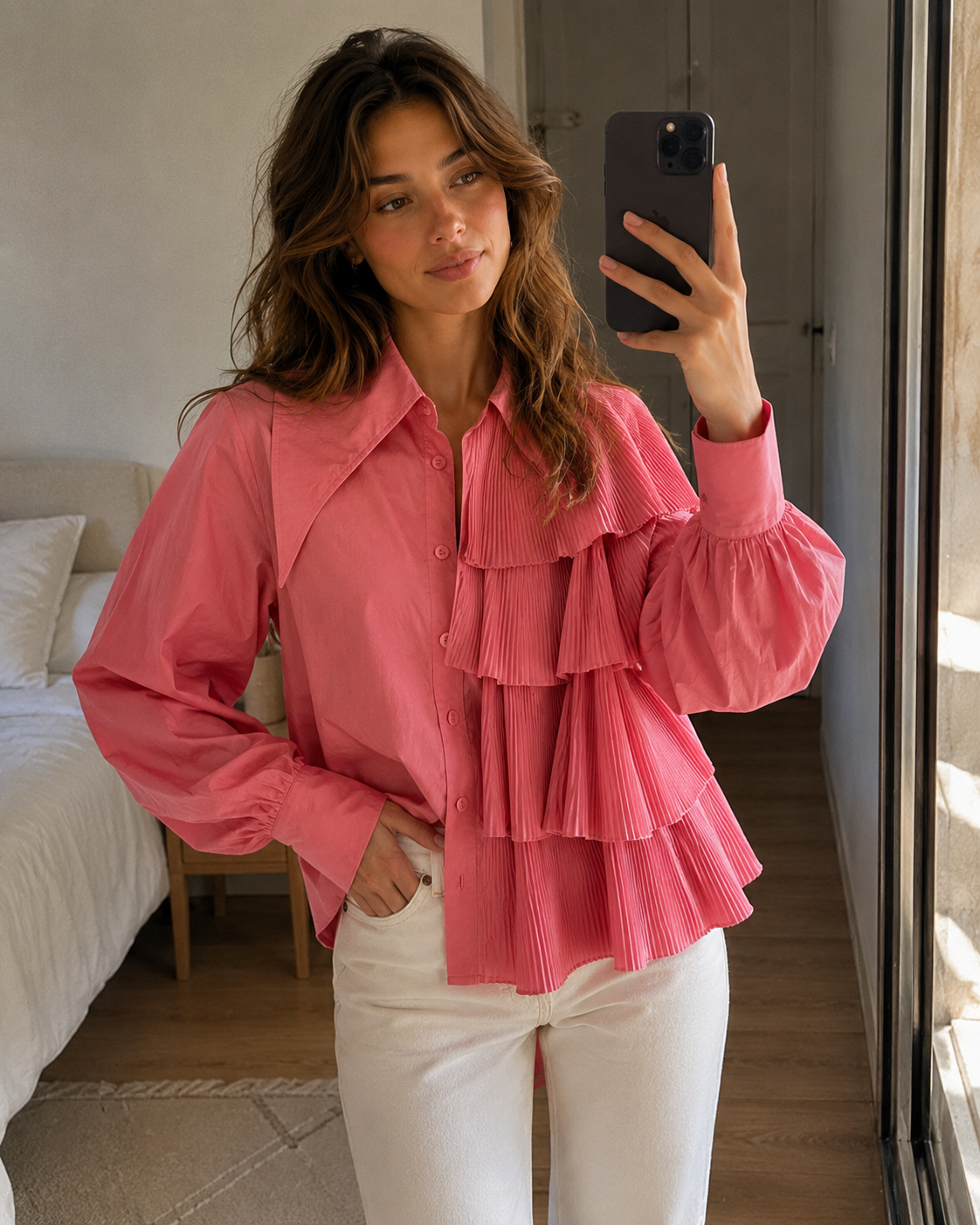 Fried Street Puff Sleeve Pleated Ruffle Blouse - Pink lifestyle